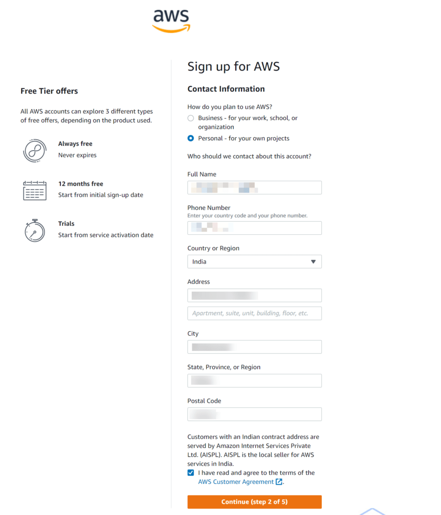 aws-create-free-tier-account-contact-information