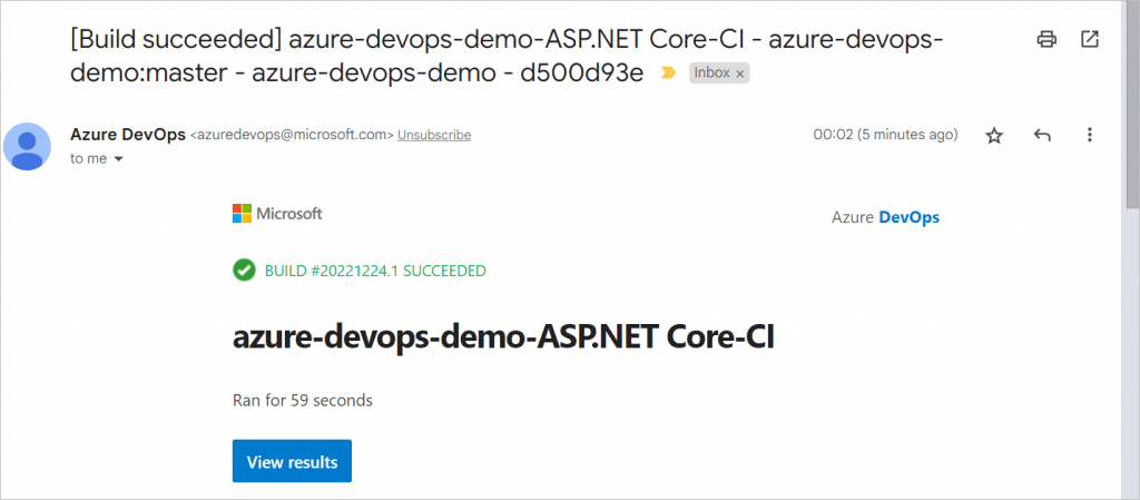 Azure DevOps- confirmation with email that the project run completed