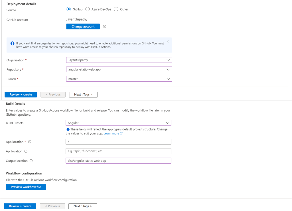azure static web apps creation-step1
