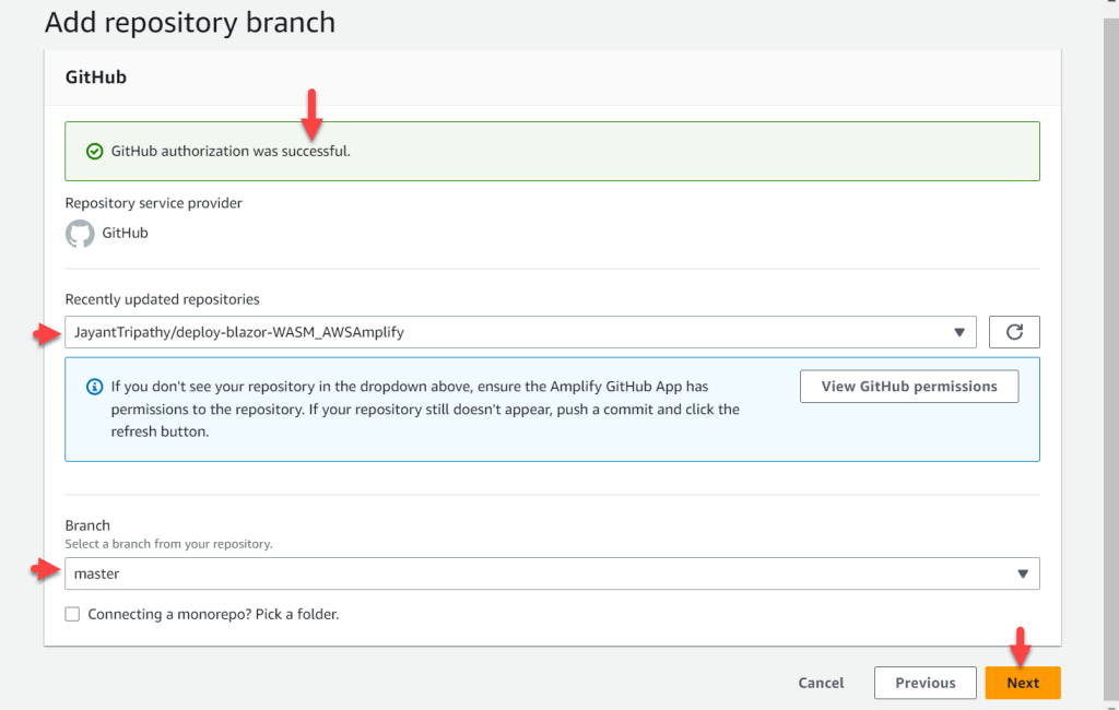 AWS-Amplify-hosting-GitHub-authorize-success