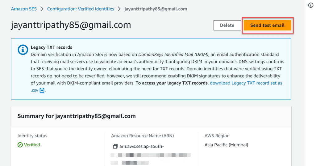 Amazon-SES Send Test Email