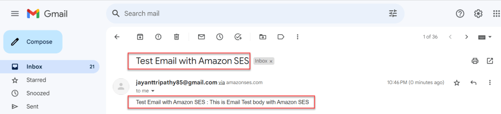 Amazon-SES Send Test Email Success on my Inbox