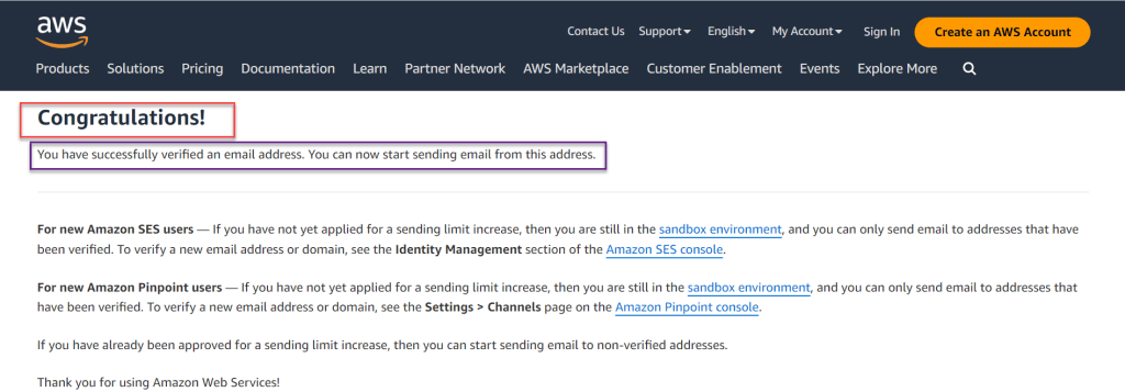 Amazon-SES Verification Success