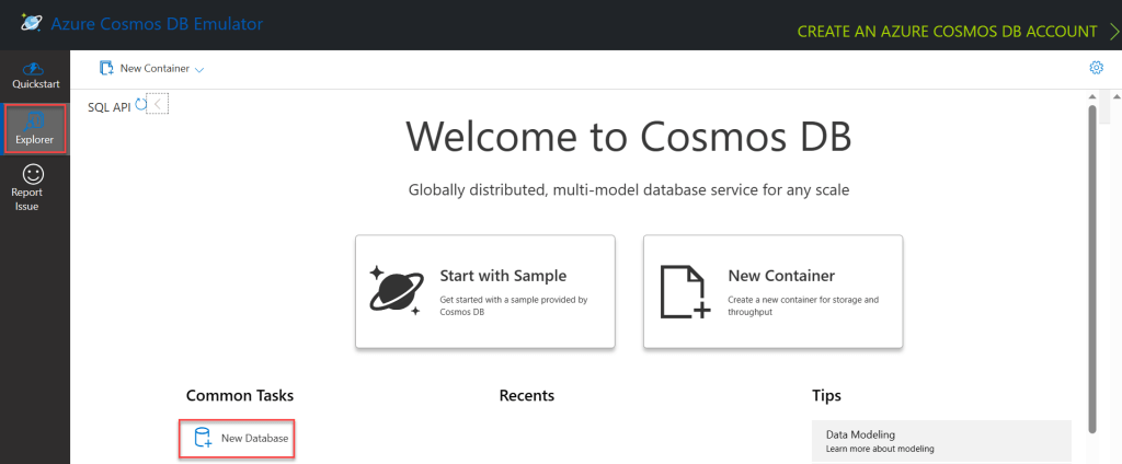 Azure Cosmos DB Emulator New Database