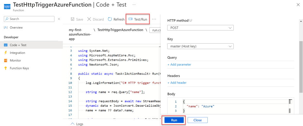 Azure Function Htpp Trigger function code Run