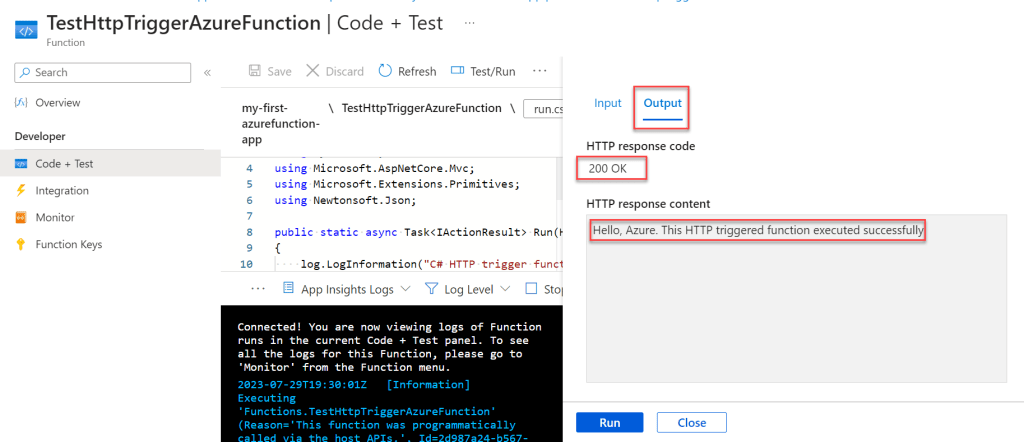 Azure Function Htpp Trigger function code Run and status 200
