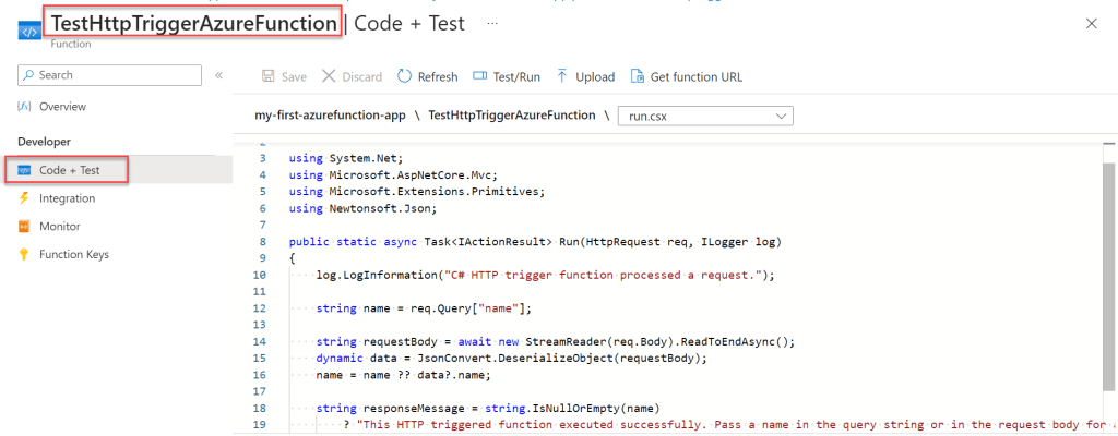 Azure Function Htpp Trigger function code test