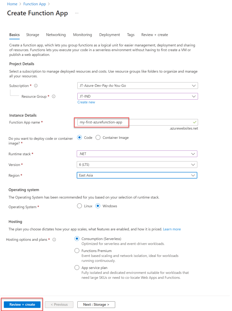 Function App Creation data