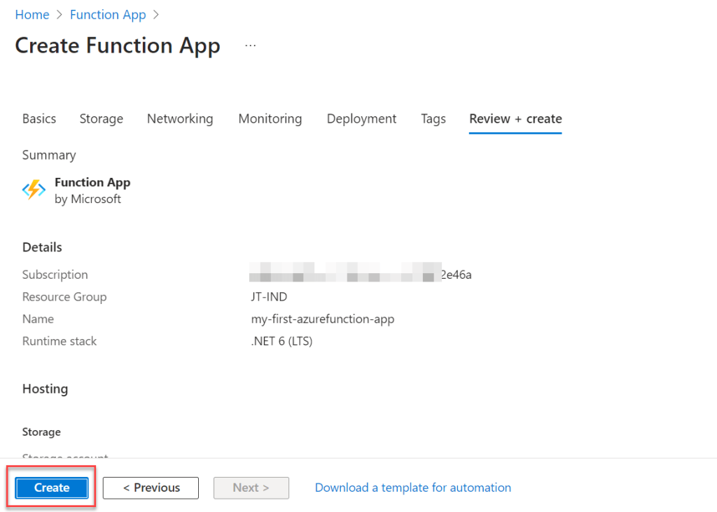 Function App Review and Create