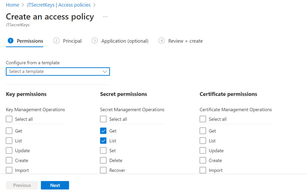 Azure Key Access Policy Secret Permission