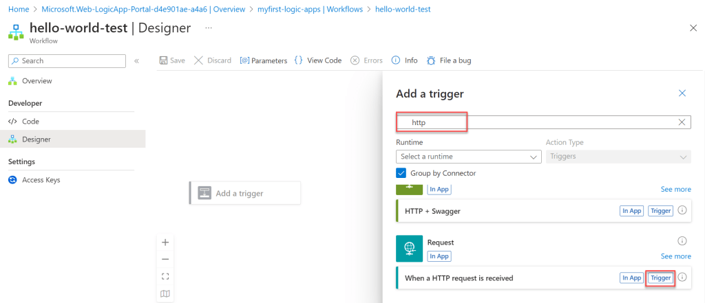 Azure Logic Apps- Search the Http Trigger