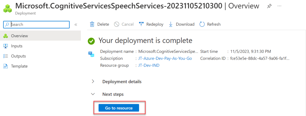 Azure Cognitive Service Creation Complete