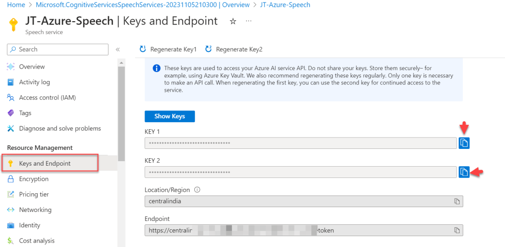 Azure Cognitive Service Keys and Endpoint