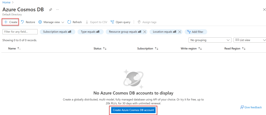 Azure Cosmos DB Creation