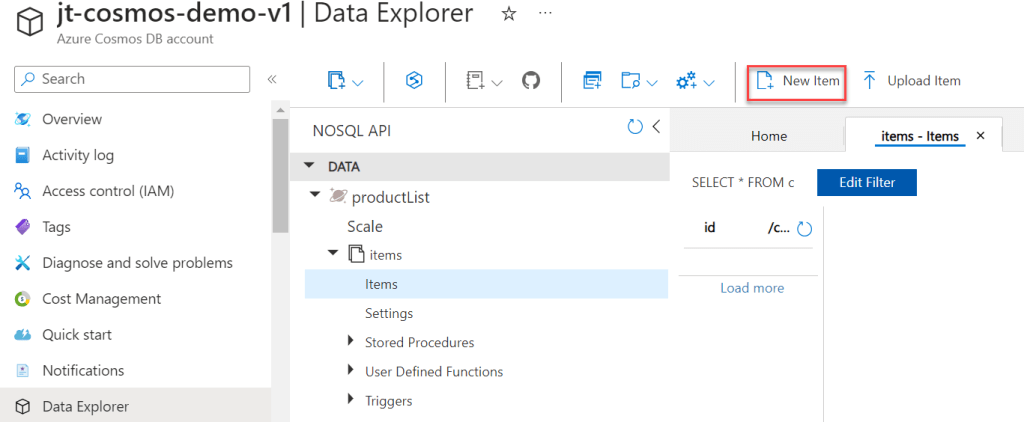 Azure Cosmos DB Database Add New Item