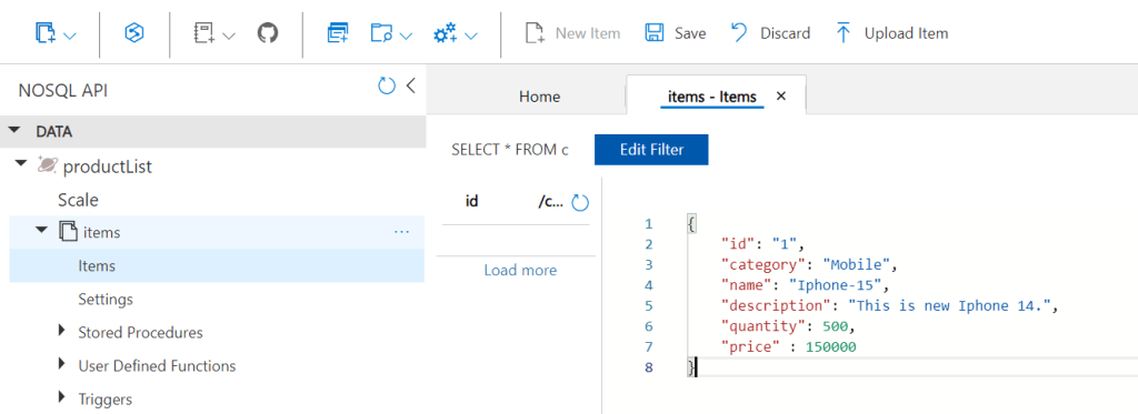 Azure Cosmos DB Database Add New Item Json