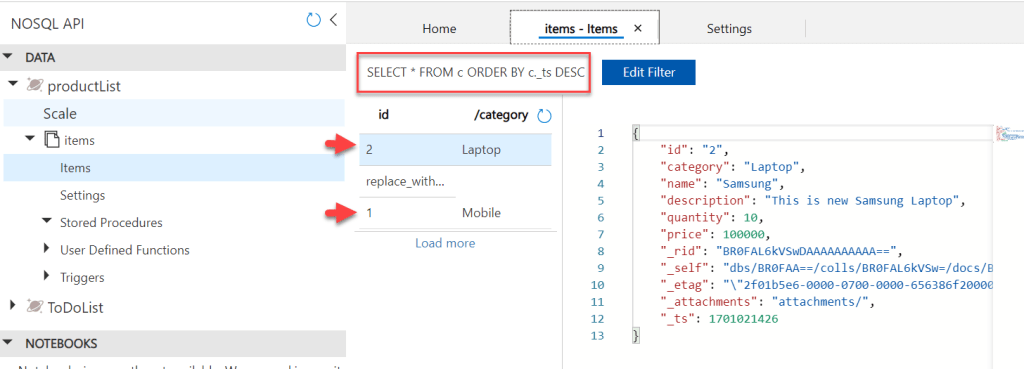 Azure Cosmos DB Database Items