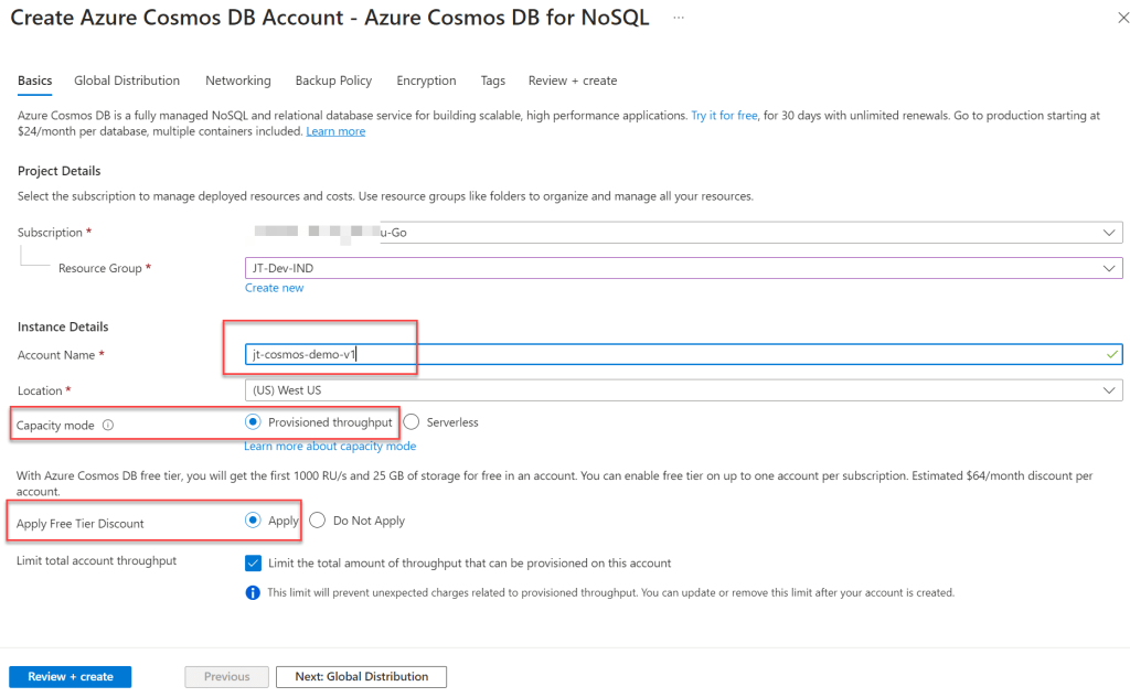Azure Cosmos DB for NoSQL Project creation