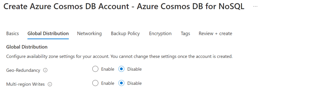Azure Cosmos DB for NoSQL Project creation Distribution