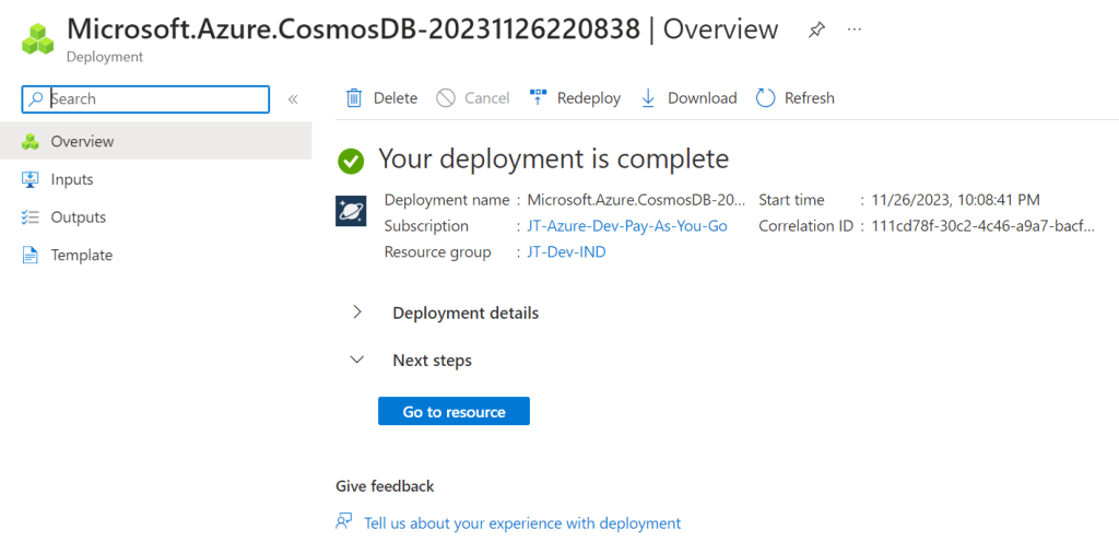 Azure Cosmos DB for NoSQL deployment complete