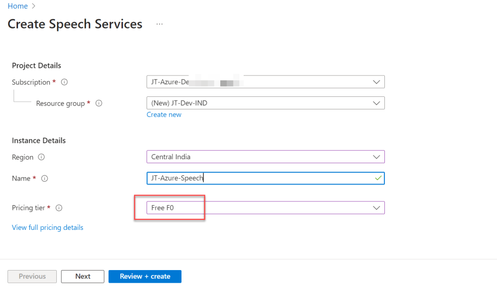 Azure Speech Service Create