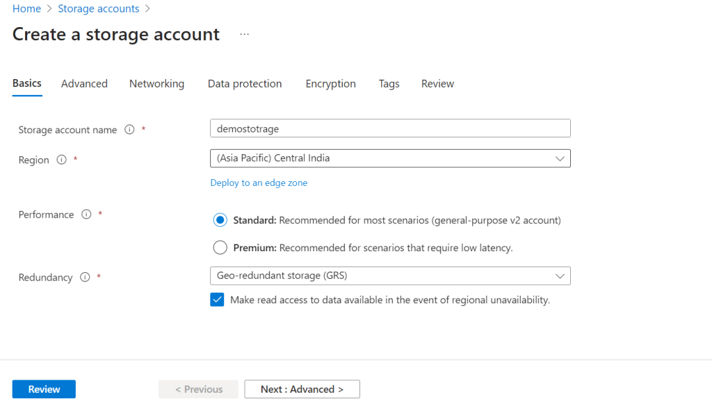 Azure Storage accounts Review&Create