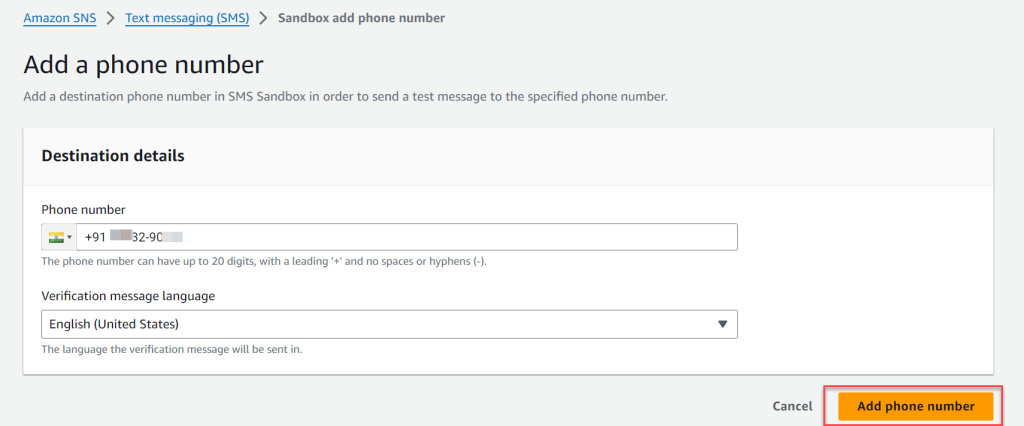 SNS-Create Subscription add phone number