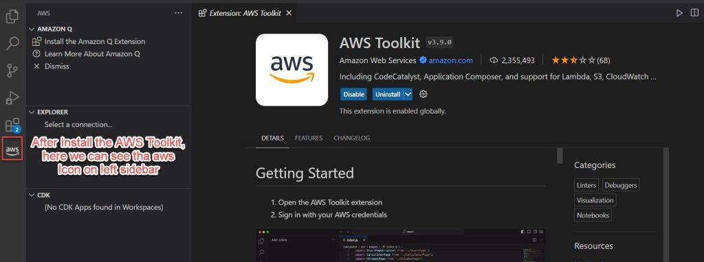 aws tookit for vs code extension installed
