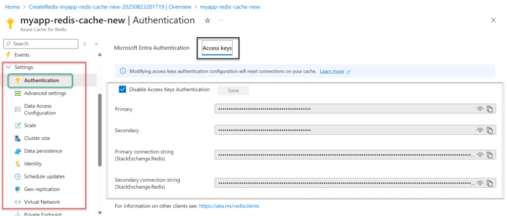 azure cache for Redis Access Keys
