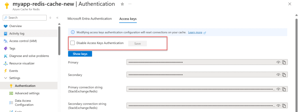 azure cache for Redis issue disable access key auth