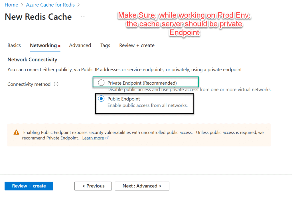 create azure cache for Redis steps - networking